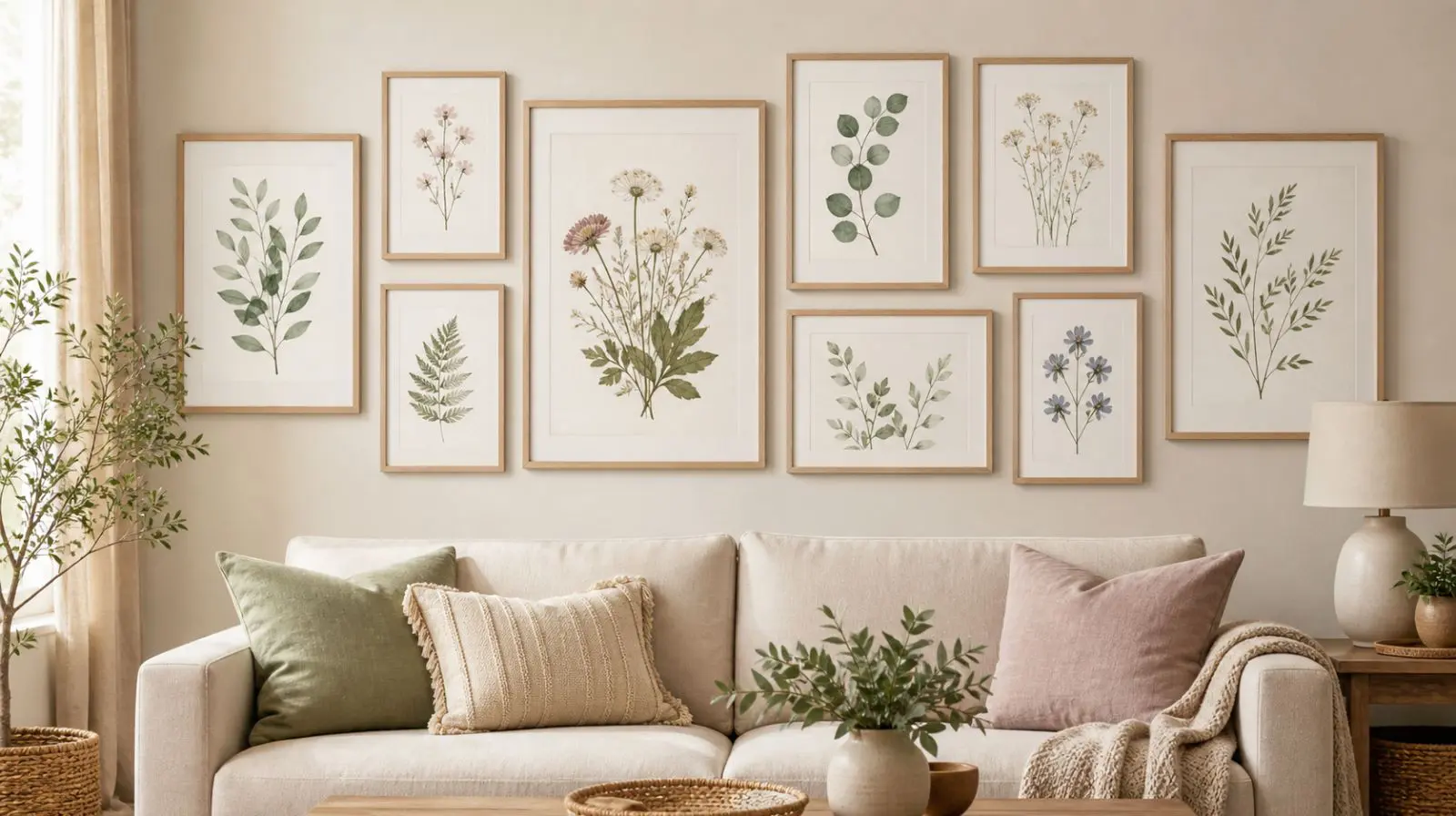 Printable botanical wall art collection featuring soft watercolor leaves and pressed flowers arranged in gallery wall style