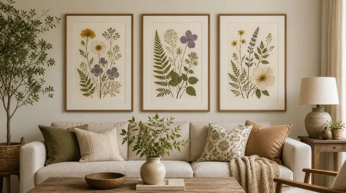 Botanical printable wall art in standard wall art sizes featuring pressed flower and leaf illustrations
