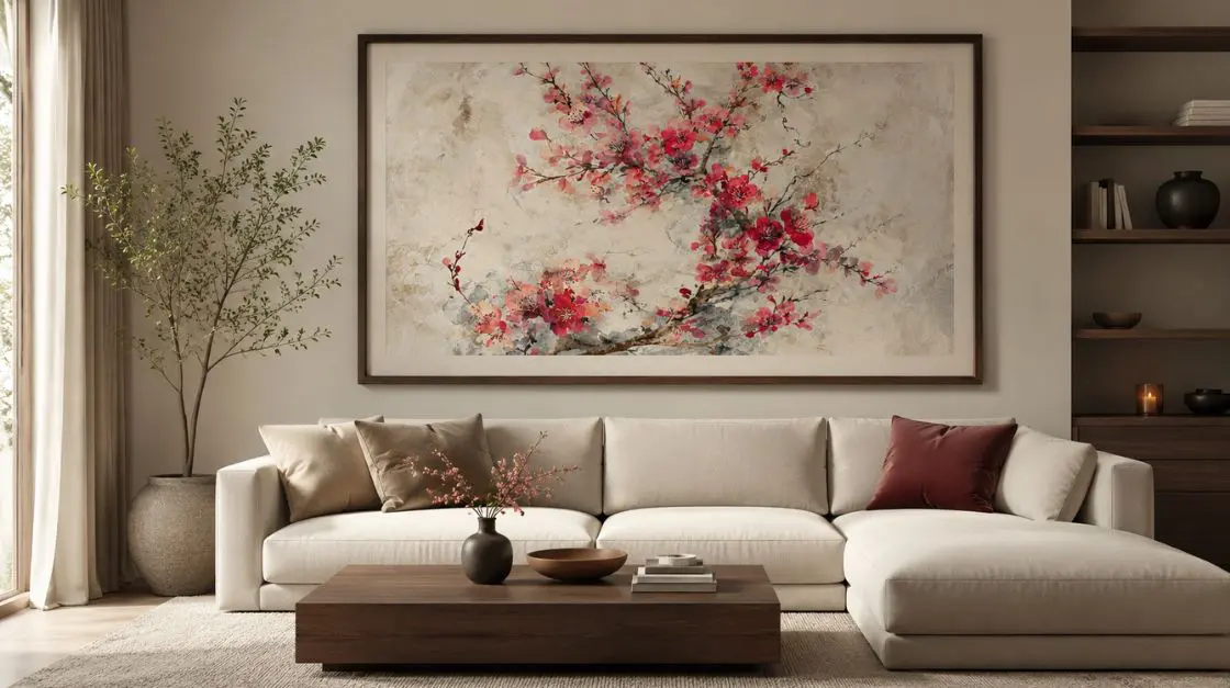 A modern living room features a large sectional sofa in front of framed pink cherry blossom wall art on a textured background. A wooden coffee table with decorative items sits on a rug, and a potted plant is near a window with sheer curtains.