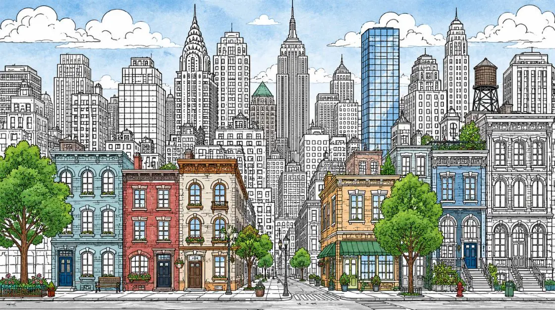 Cityscape coloring pages for adults featuring a detailed urban skyline with buildings, windows, and street-level detail