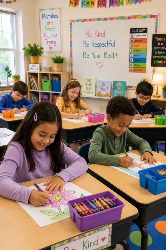 A classroom setting where children are drawing at their desks, with motivational posters and colorful decorations on the walls.