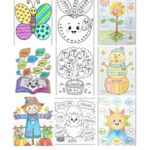 Children coloring pages in a classroom, with "Morning Work Coloring Pages 4 Weeks of Fun! K-2" text above them. The illustration features seasonal elements like a snowman, snowflakes, autumn leaves, and a sun.