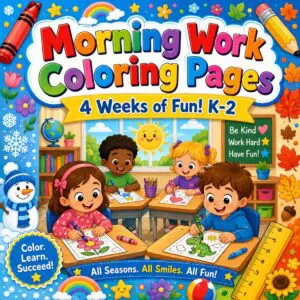 kindergarten morning work. Children coloring pages in a classroom, with "Morning Work Coloring Pages 4 Weeks of Fun! K-2" text above them. The illustration features seasonal elements like a snowman, snowflakes, autumn leaves, and a sun.