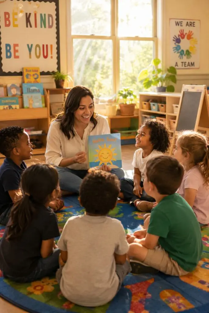 A teacher reads a book about a smiling sun to a group of young children sitting in a circle on a colorful rug in a classroom.