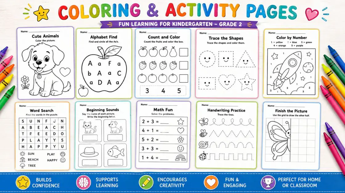 A collage of kindergarten and early elementary learning pages including "Cute Animals" coloring, "Alphabet Find", "Count and Color", "Trace the Shapes", "Color by Number" rocket, "Word Search", "Beginning Sounds", "Math Fun", "Handwriting Practice", and "Finish the Picture" butterfly. The pages are surrounded by colorful crayons. free printable activities for kindergarten