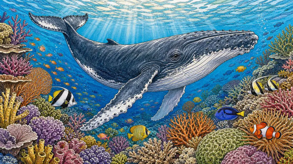 Detailed coloring page sea animals design featuring a humpback whale and coral reef scene