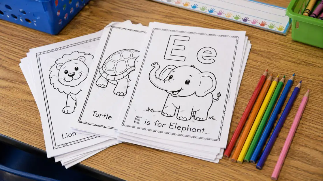 Three coloring pages featuring a lion, turtle, and elephant, along with a set of colored pencils on a wooden desk.