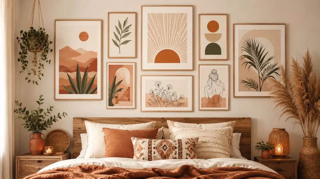 Boho-style printable wall art ideas arranged as a bedroom gallery wall with warm earthy tones