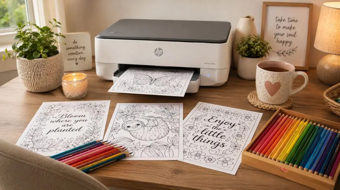 How to print coloring pages at home — desk setup with printer and printable coloring sheets