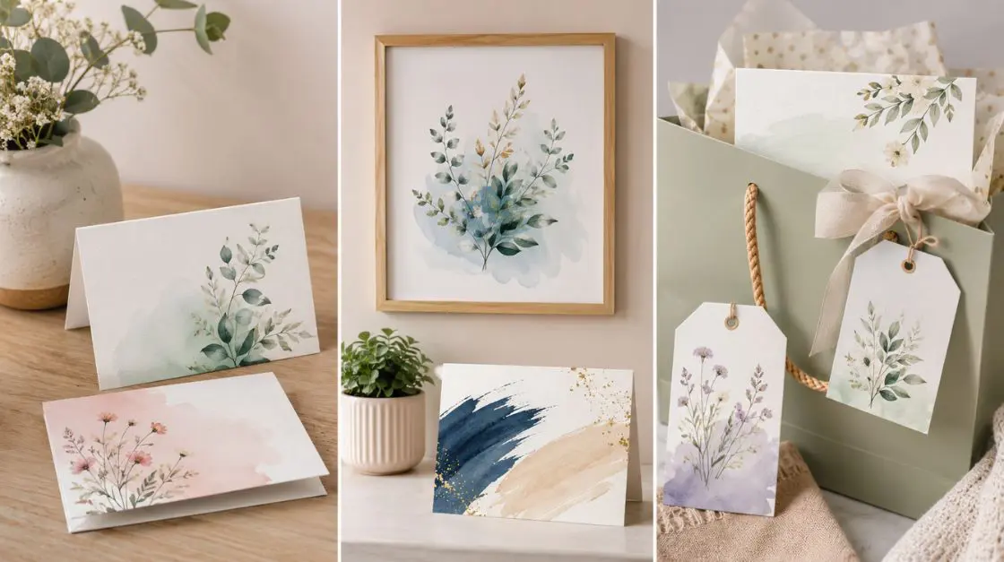 Printable thank you cards styled in creative ways including as gift tags, wall art, and inside a gift bag