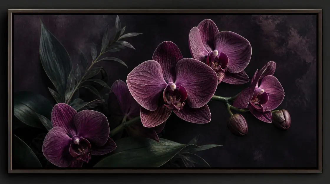 Dramatic dark background orchid wall decor print in deep plum and green tones
