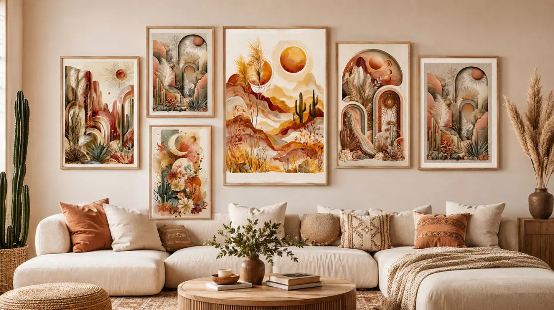 A living room scene with a sectional sofa, a coffee table, and a collection of framed desert-themed artwork on the wall.