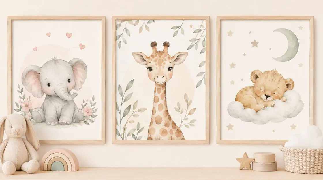 Pastel printable wall art ideas for a baby nursery featuring illustrated animals in soft tones