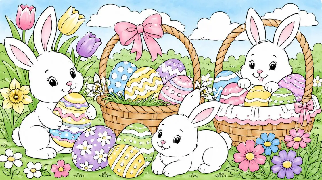 Easter coloring pages featuring decorated eggs, bunnies, and spring baskets