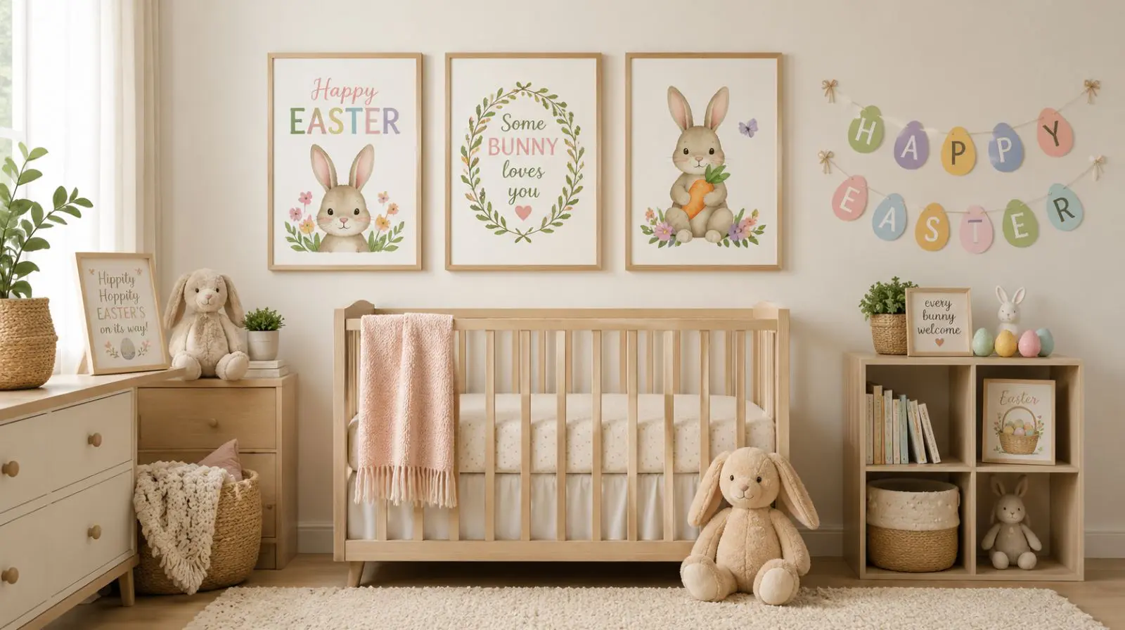 A nursery room decorated for Easter with bunny-themed art, a pastel Easter egg banner, and stuffed bunnies.
