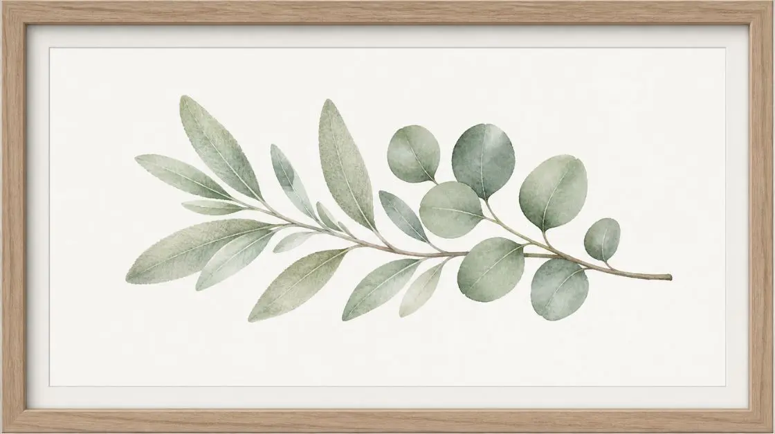 Eucalyptus watercolor print of a single sprig with soft sage green leaves