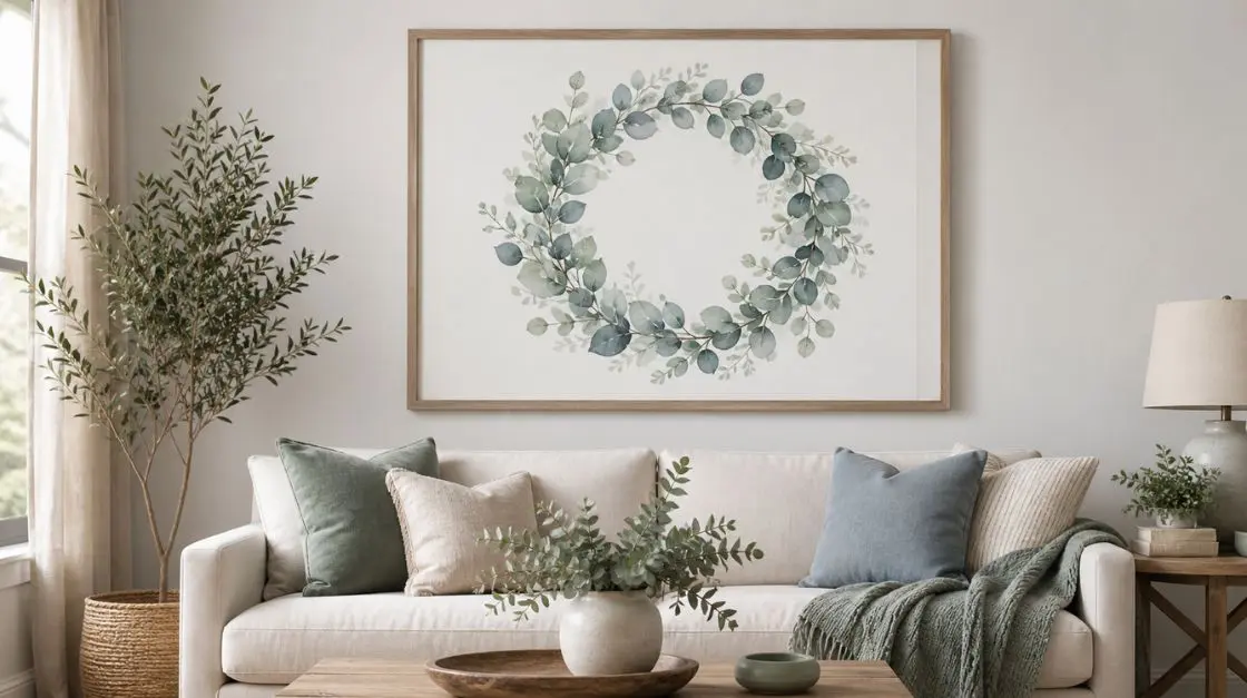 Eucalyptus watercolor print showing a round wreath in sage green and dusty blue tones