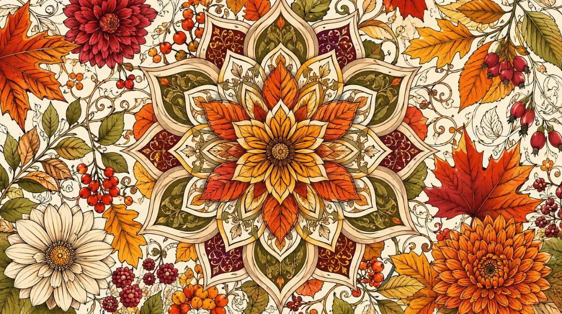 Intricate fall coloring pages for adults featuring autumn botanical mandala designs