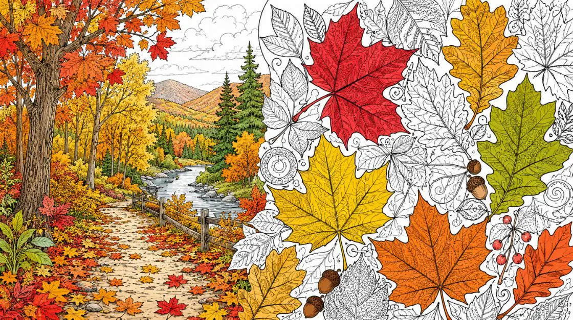 Autumn leaves and forest fall coloring pages with detailed maple and oak leaf patterns