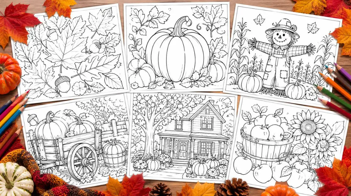 Collection of fall coloring pages featuring autumn leaves, pumpkins, and seasonal harvest scenes