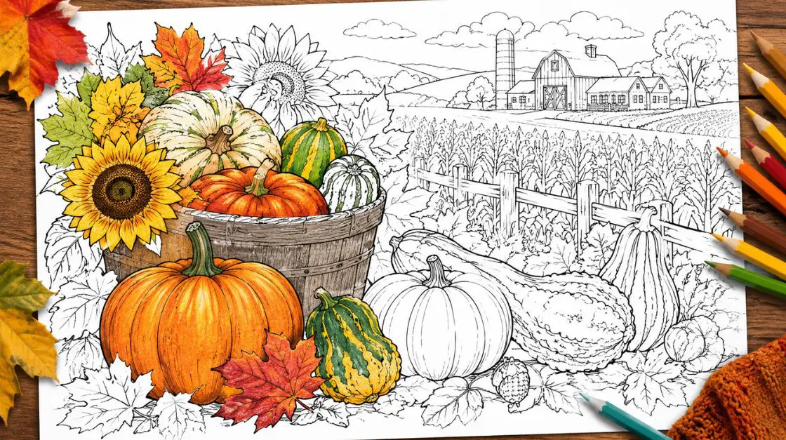 Fall coloring sheets with pumpkins gourds and harvest scenes for kids and adults