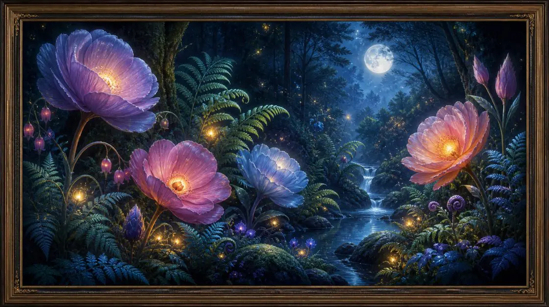 Fantasy botanical wall art showing an enchanted forest with luminous oversized flowers and moonlit ferns