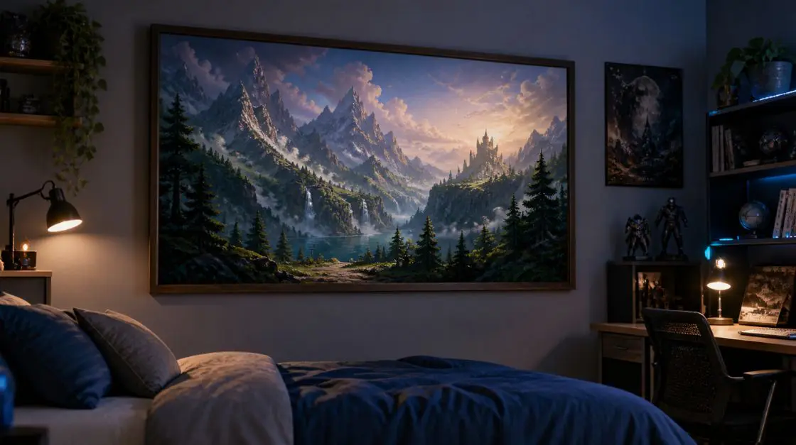 Fantasy landscape printable artwork sized for standard wall picture frame sizes with dreamy mountain and forest scenes