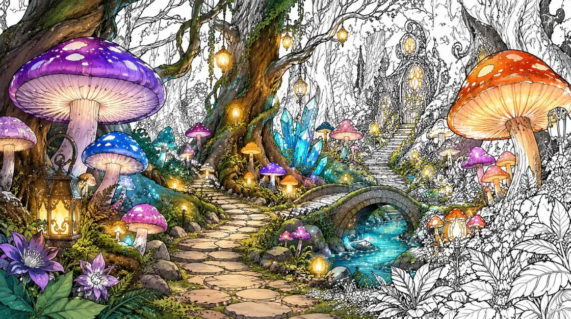 Fantasy scenes coloring pages for adults with an enchanted forest filled with glowing mushrooms and winding paths