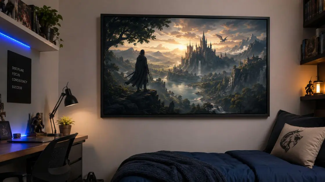 A framed fantasy artwork depicts a figure in a cloak looking out at a majestic castle with waterfalls and mountains under a dramatic sunset sky.