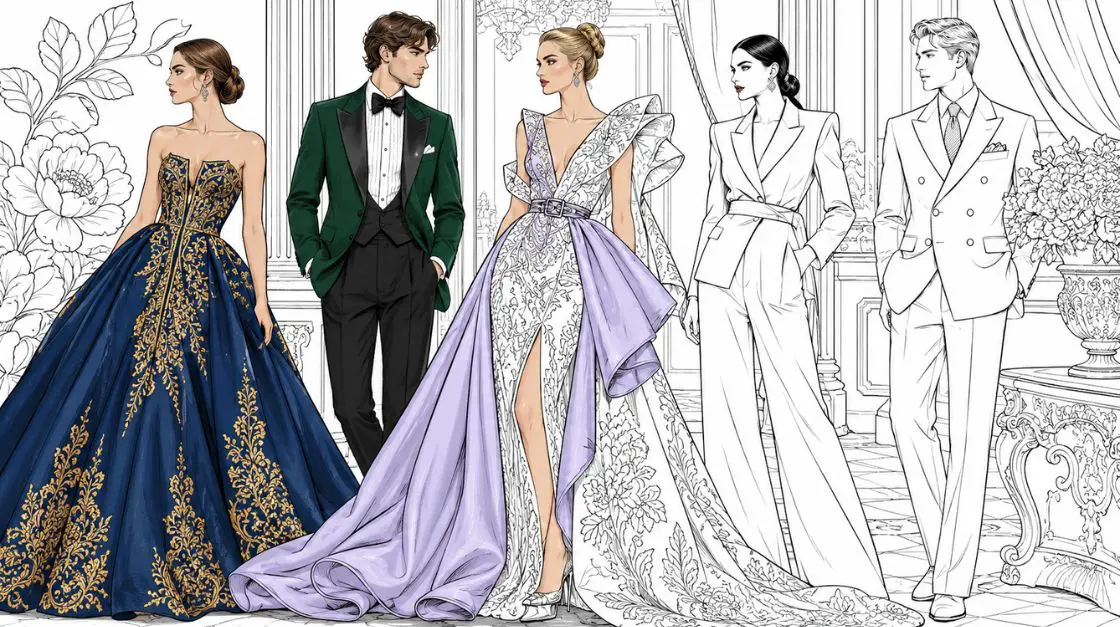 Fashion coloring pages for adults featuring elegant figures in detailed couture gowns and structured suits