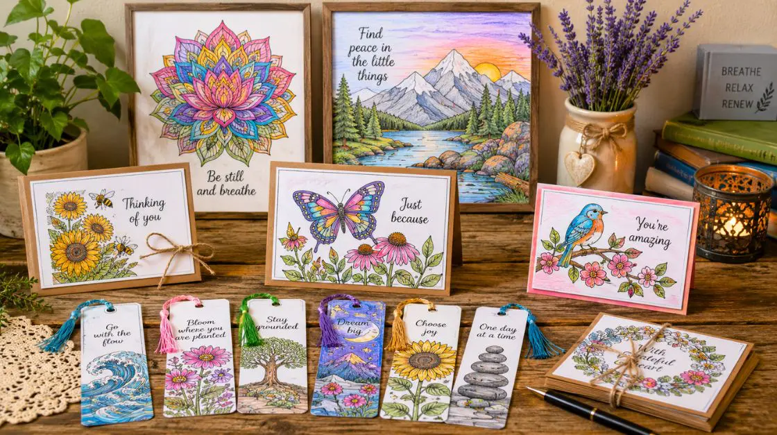 Finished mindful coloring pages displayed as wall art, bookmarks, and handmade greeting cards on a rustic table