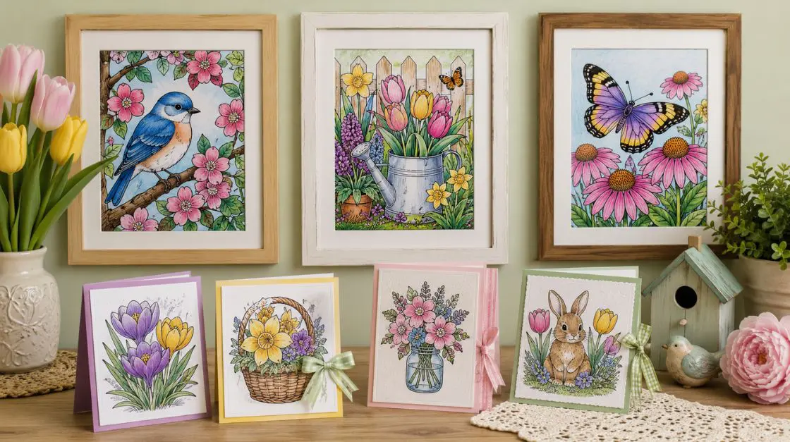 Completed spring coloring pages displayed as framed wall art and handmade greeting cards