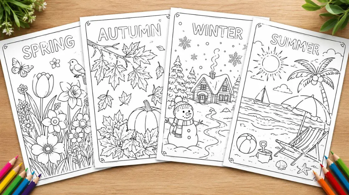 Four coloring pages depicting the seasons: Spring with flowers and butterflies, Autumn with leaves and a pumpkin, Winter with a snowman and a cabin, and Summer with a beach scene and a palm tree.
