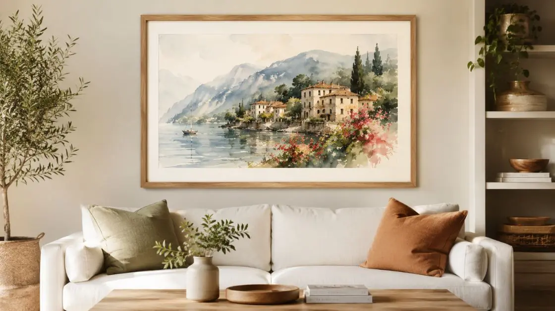 A watercolor painting of a European village nestled along a lake, with rolling hills in the background and vibrant flowers in the foreground.