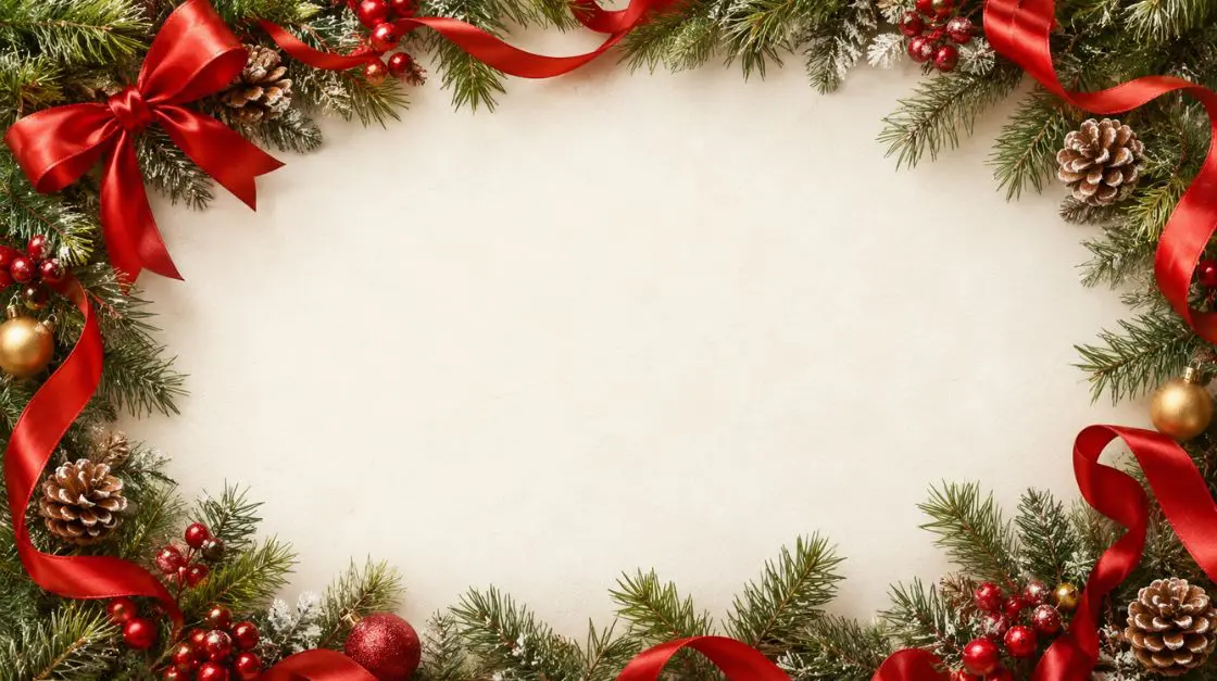 Classic Christmas free holiday card template with pine branches and red ribbon border