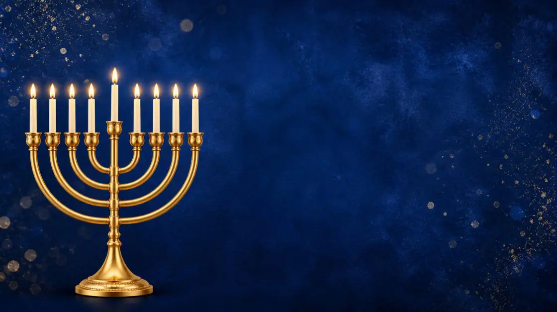 Hanukkah free holiday card template featuring a gold menorah on a deep blue background