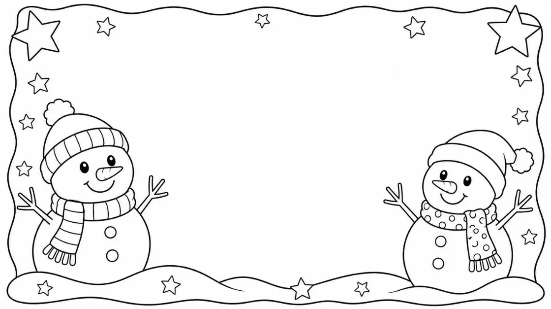 Kids coloring free holiday card template with outline drawings of snowmen and stars to color in