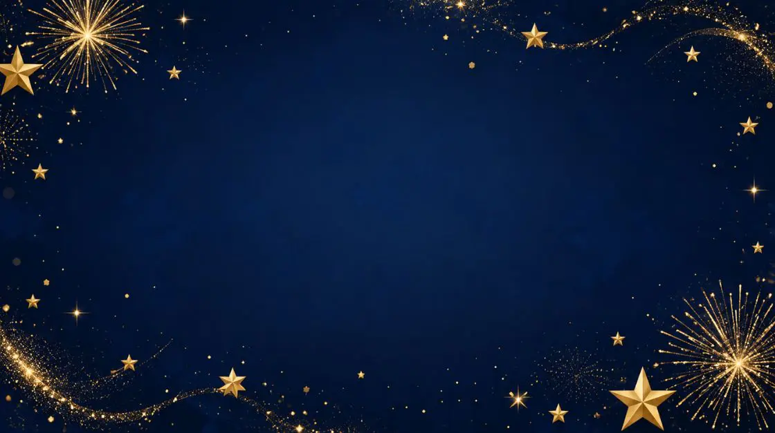 New Year free holiday card template with midnight blue background and gold star accents