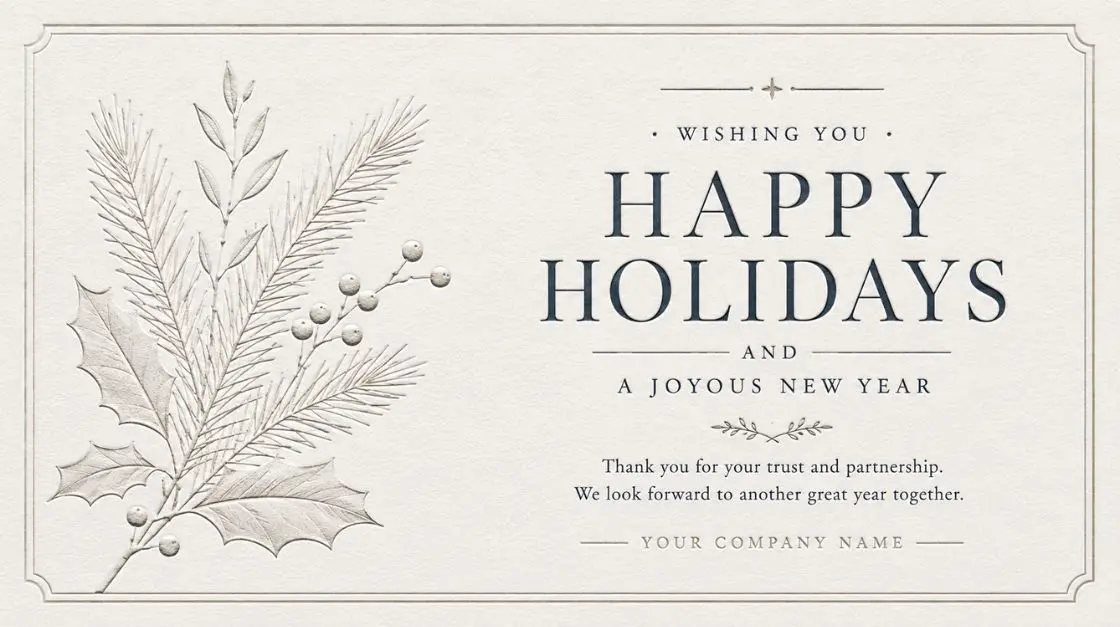 Professional business free holiday card template with elegant letterpress-style typography