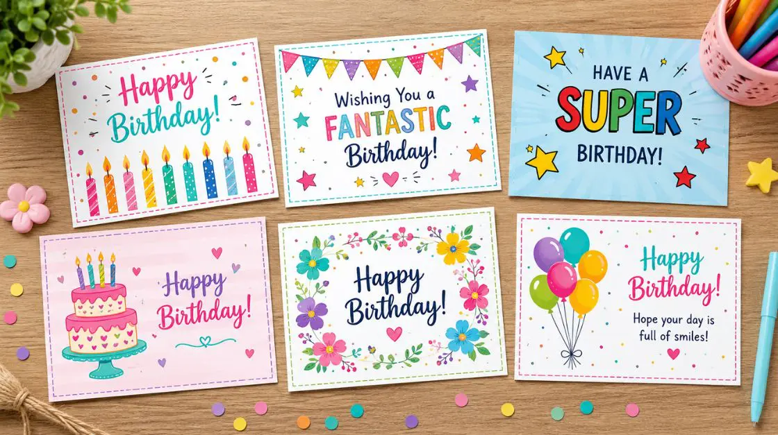 Colorful collection of free printable birthday cards arranged on a wooden table