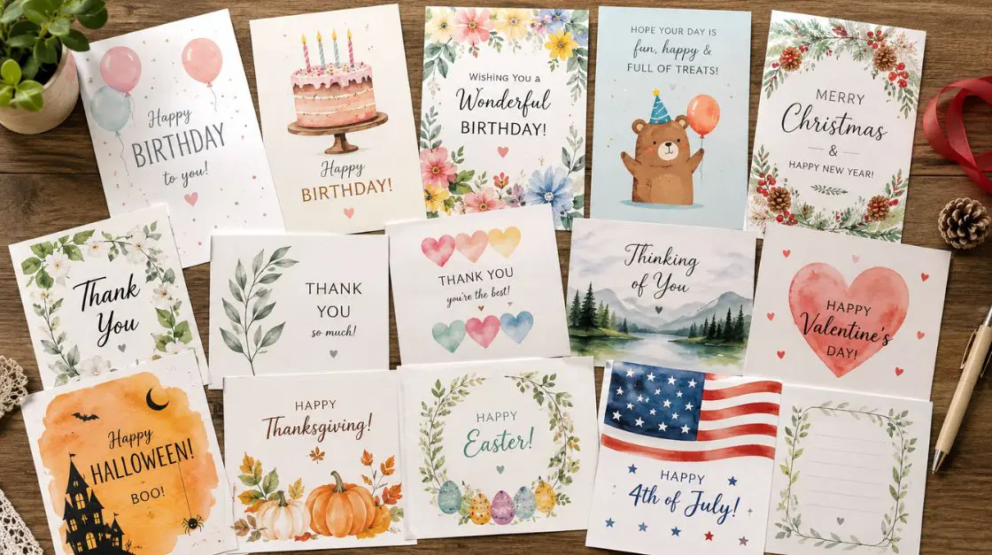Collection of printable greeting cards spread across a table — birthday, holiday, and thank-you designs