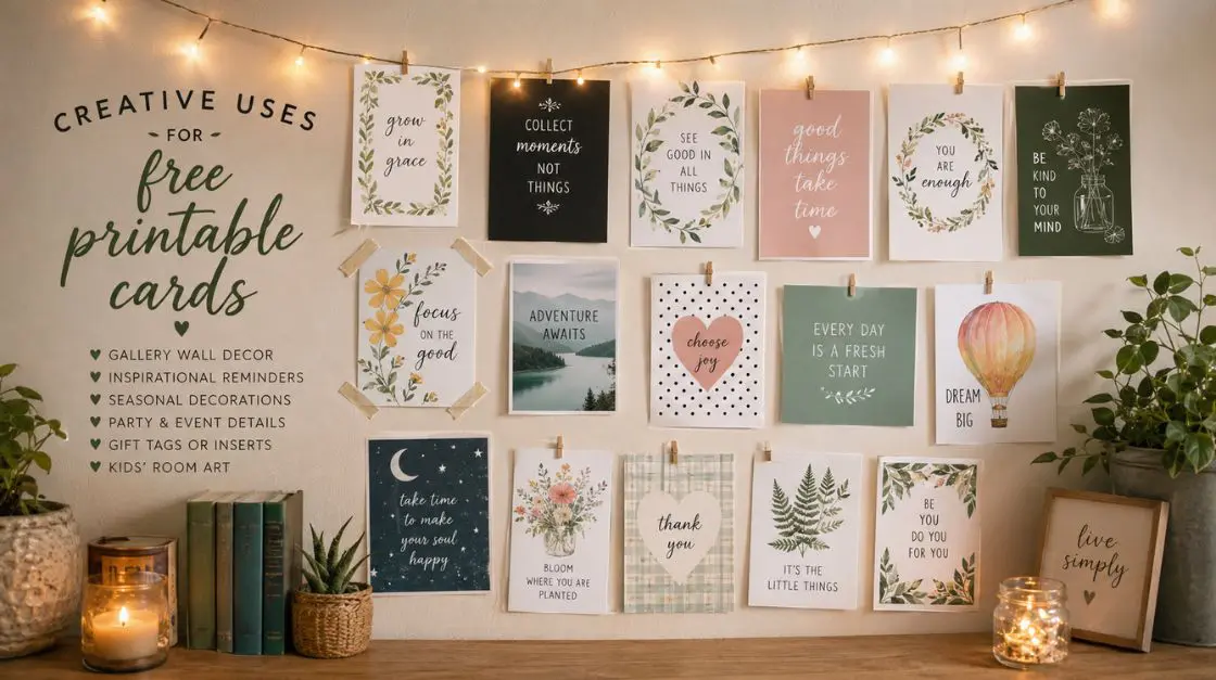 Printed cards displayed as a gallery wall with string lights — creative uses for free printable cards