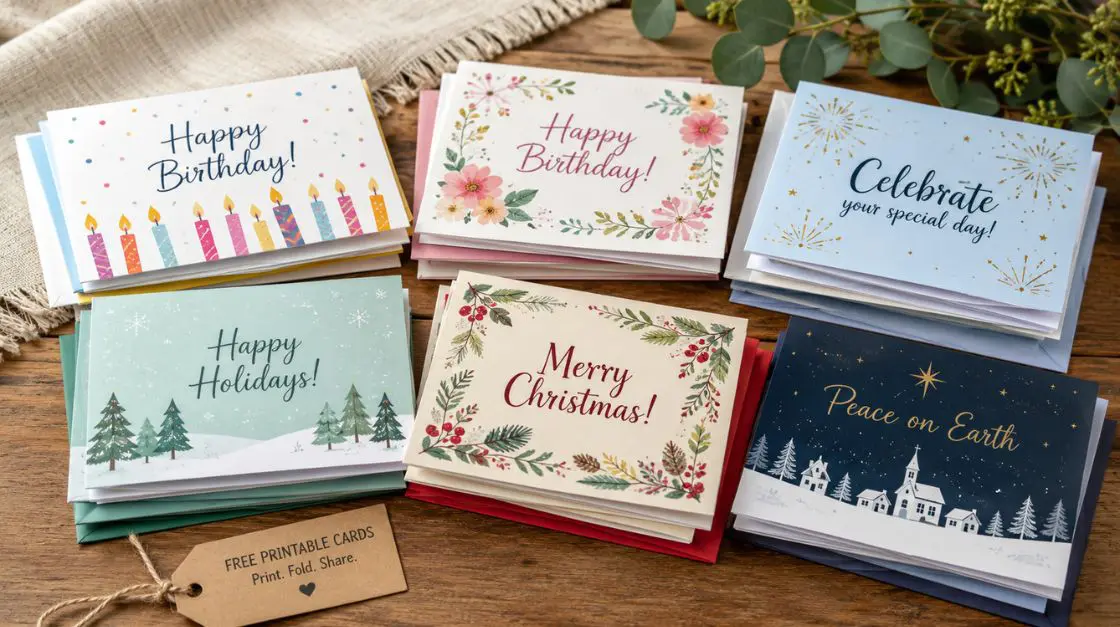 Stack of folded free printable cards ready to be given — birthday and holiday card designs