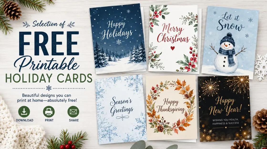 Selection of free printable holiday cards including winter and seasonal designs