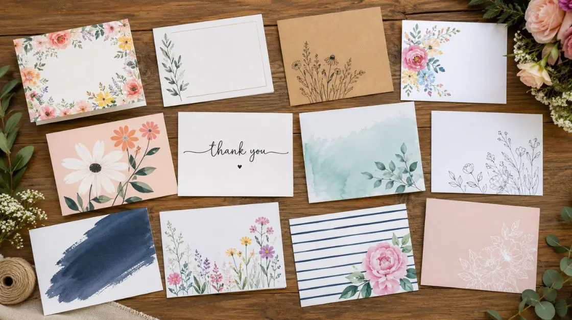A colorful spread of free printable thank you cards in floral, minimalist, and handwritten styles laid flat on a wooden table