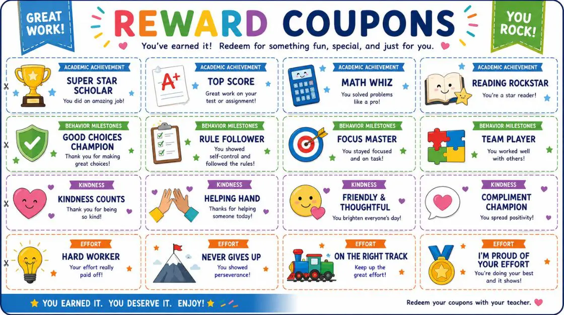 A colorful poster titled "REWARD COUPONS" featuring various achievement badges for academic success, behavior, kindness, and effort, such as "Super Star Scholar," "Rule Follower," "Kindness Counts," and "Hard Worker."
