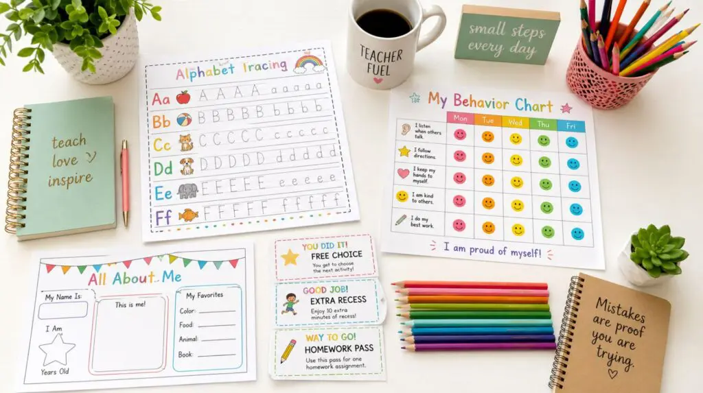Free teacher resources, printable worksheets alphabet tracing pages and classroom reward charts on a teacher's desk