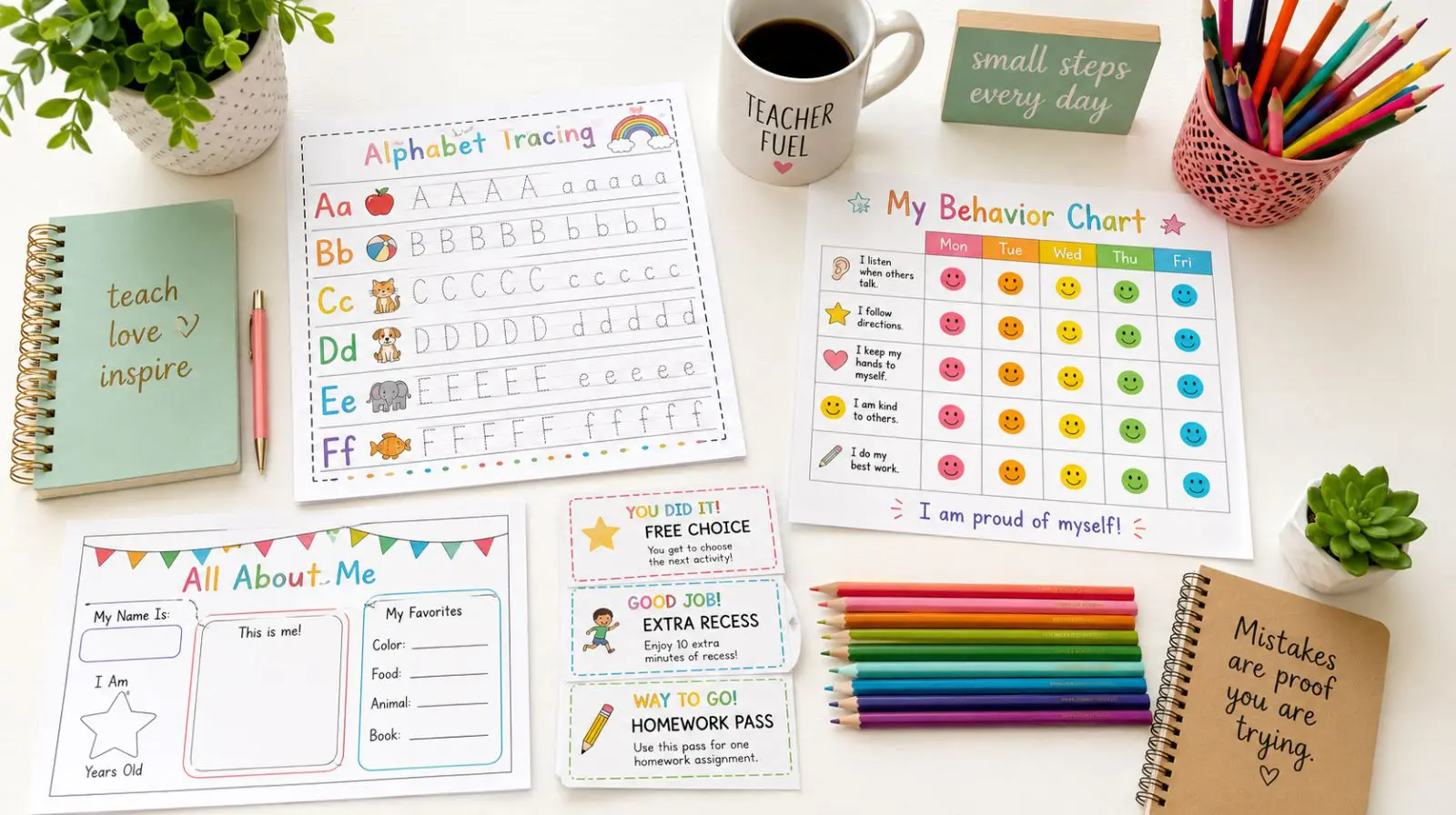 Free teacher resources, printable worksheets alphabet tracing pages and classroom reward charts on a teacher's desk