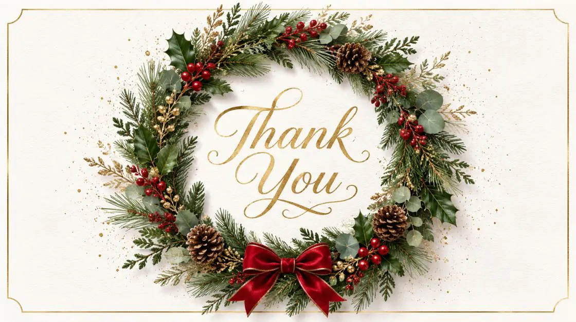 Printable holiday thank you card with festive wreath and gold lettering