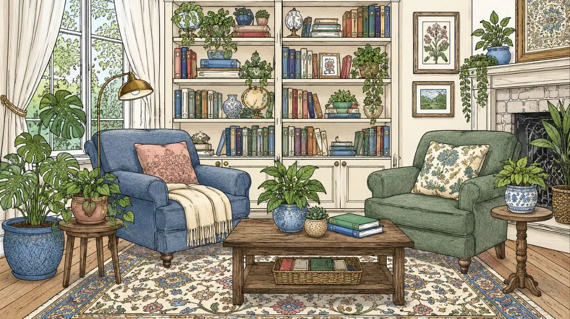 Interior coloring pages for adults showing a cozy living room with bookshelves, plants, and armchairs